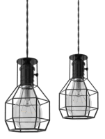 Diseño industrial que marca tendencia Dos lámparas colgantes de diseño industrial con estructura de metal en forma geométrica.